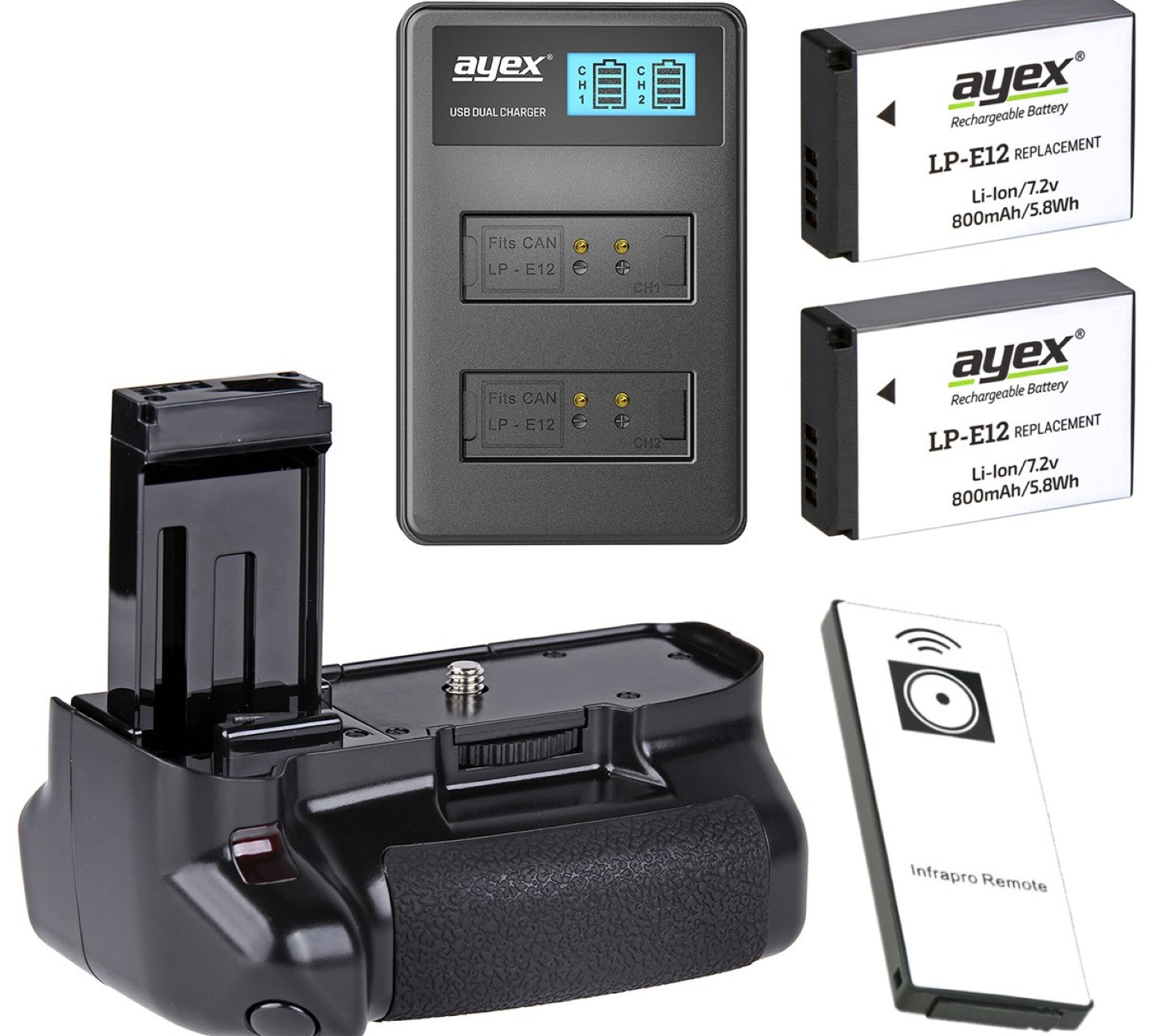 AYEX Batteriegriff Set für Canon + Akku + LP-E12 IR-Fernauslöser 100D USB Dual + Batteriegriff-Set, 1x EOS 2x Black Ladegerät