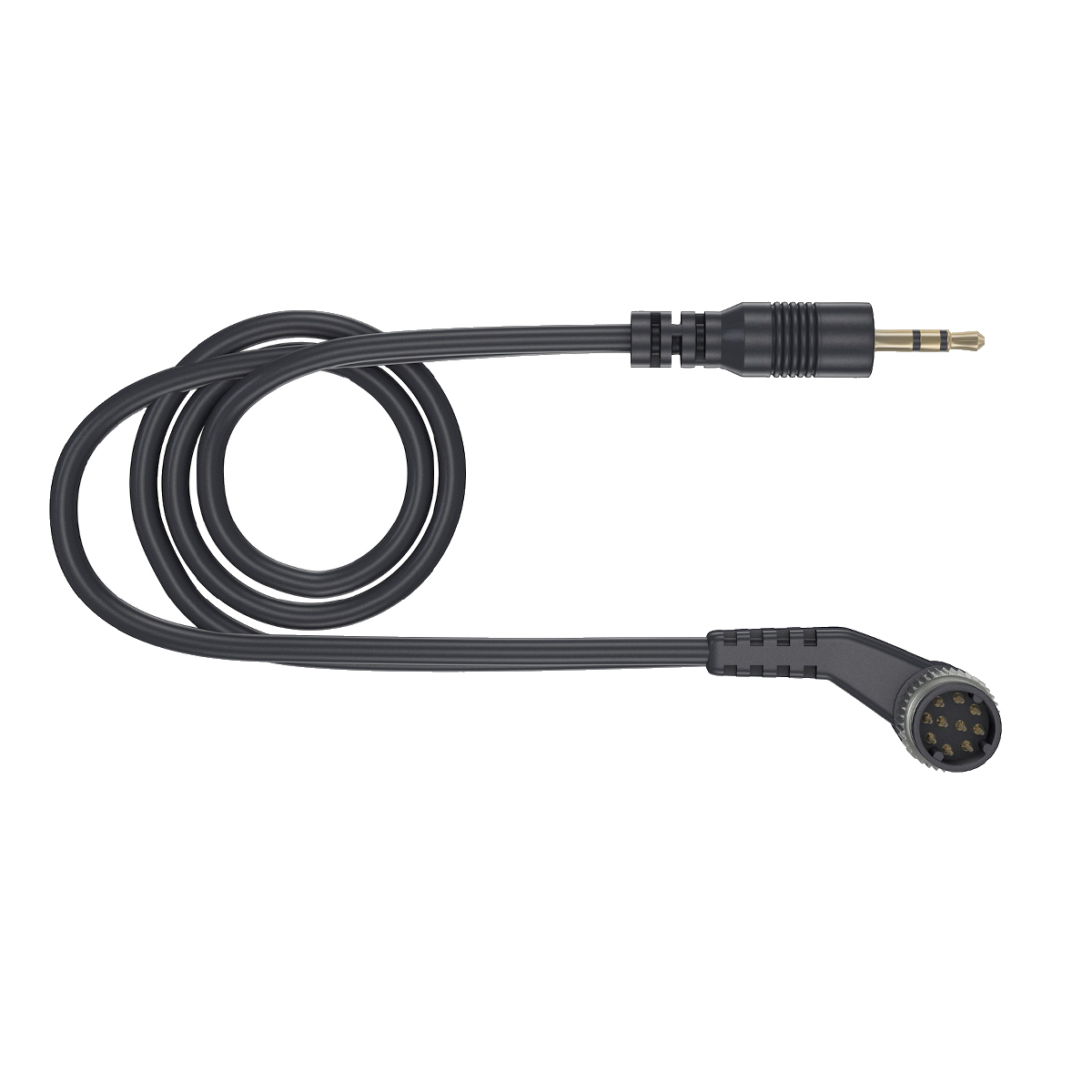 Schwarzes Audiokabel mit 3,5-mm-Klinke und Mehrfachstecker, weißer Hintergrund.
