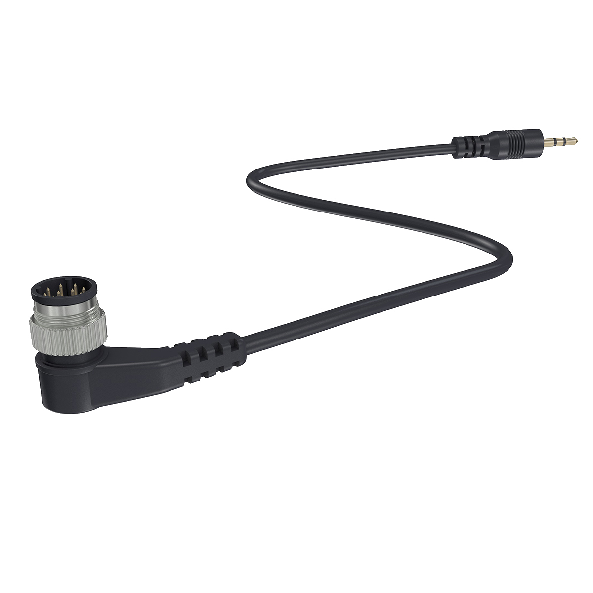 Schwarzes Kabel mit abgewinkeltem Stecker und 3,5-mm-Klinkenstecker auf weißem Hintergrund.