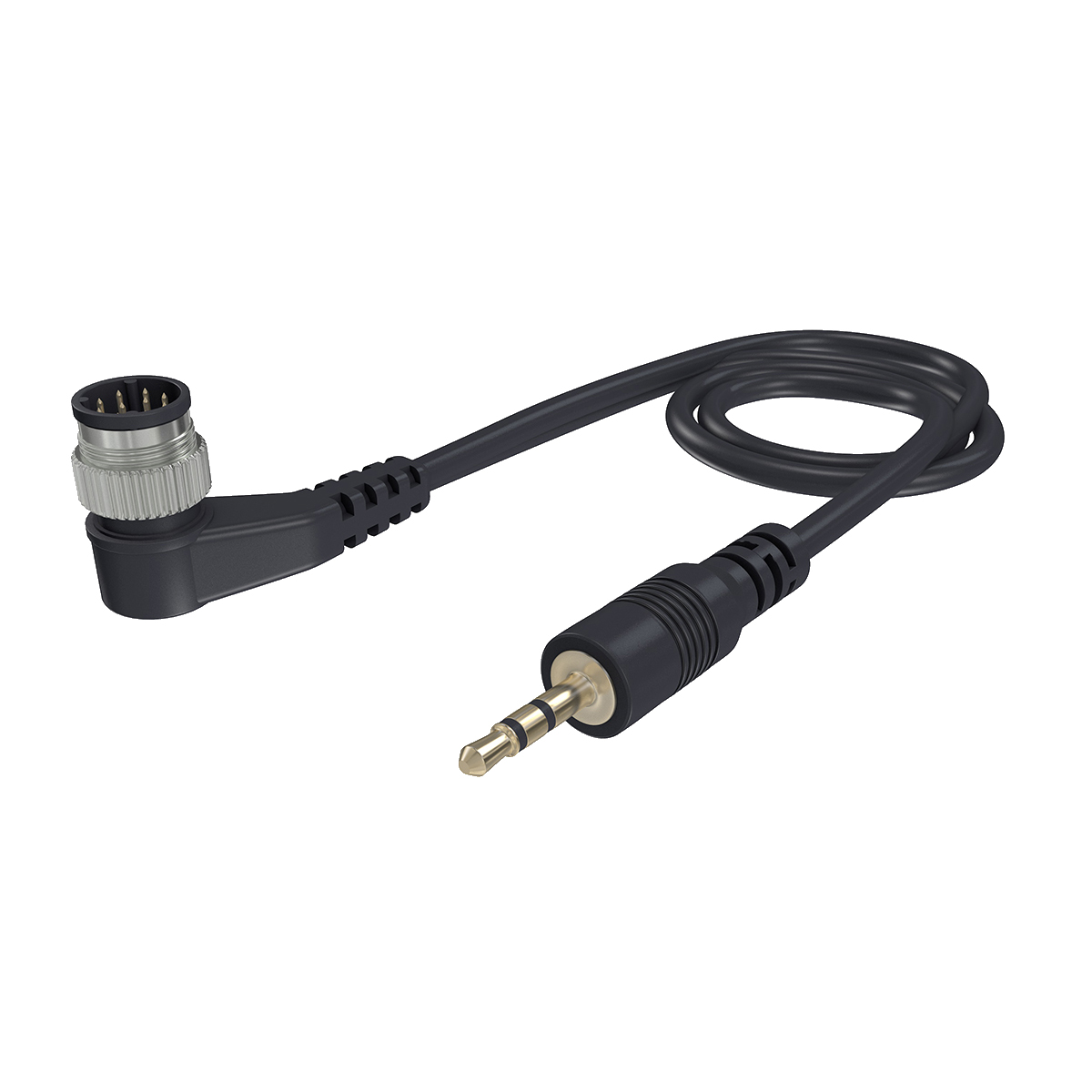 Schwarzes Kabel mit einem runden und einem rechteckigen Stecker. Das Kabel ist abgewinkelt.