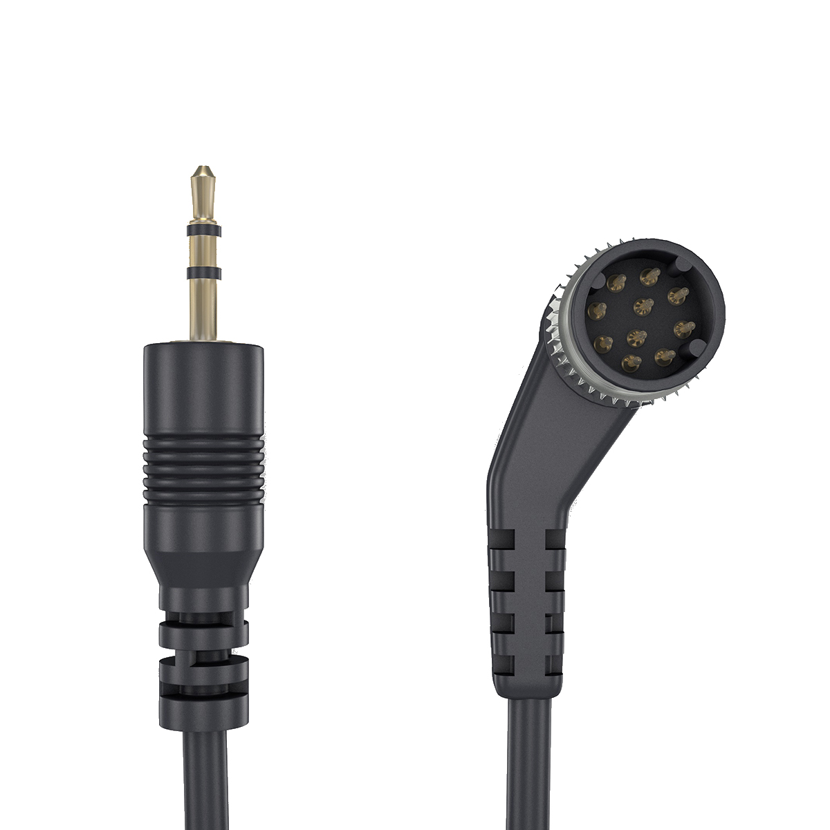 Schwarzer und goldener Audioanschluss mit schwarzem Kabel. Ein Ende ist ein 3,5-mm-Klinkenstecker, das andere ein Mikrofon.