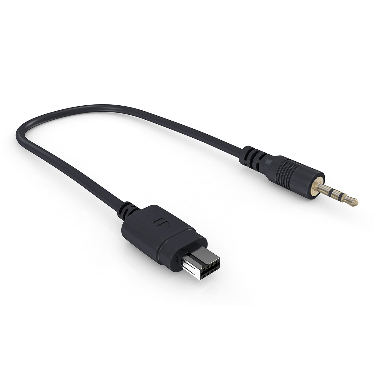 Ein schwarzes Kabel mit einem Micro-USB-Anschluss an einem Ende und einer Kopfhörerbuchse am anderen.