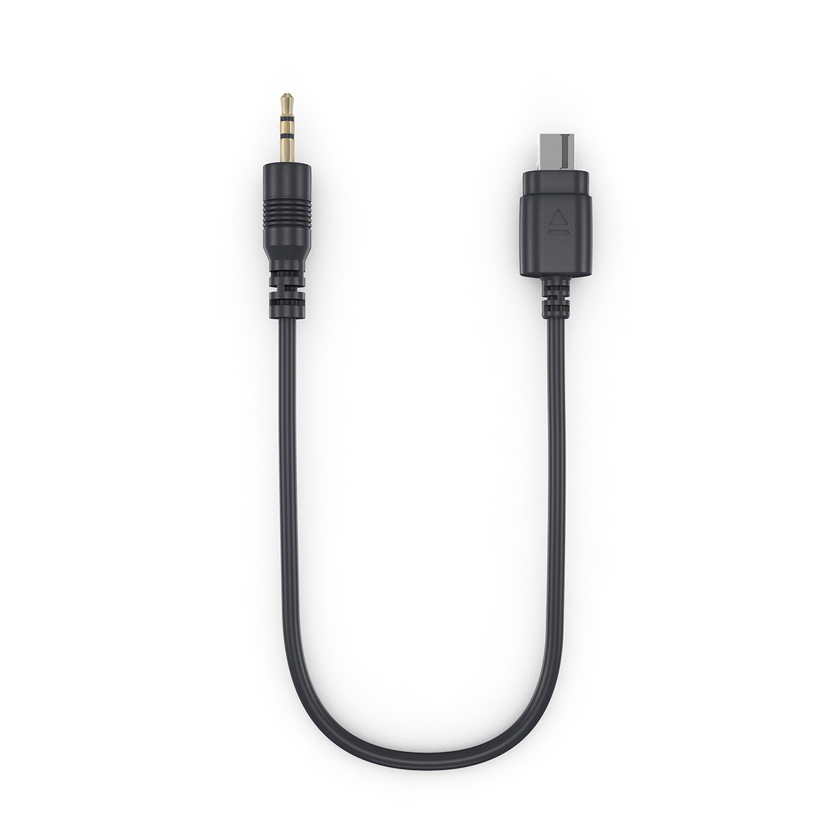 Schwarzes Kabel mit 3,5-mm-Klinken- und USB-C-Anschlüssen, weißer Hintergrund.