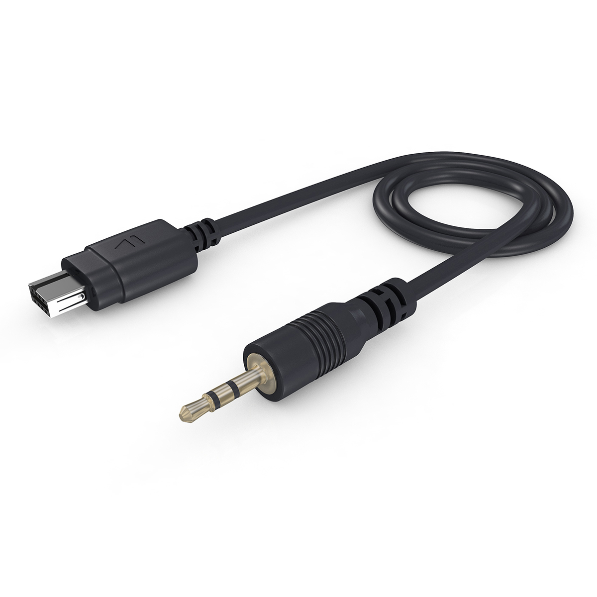 Schwarzes USB-C-auf-3,5-mm-Audiokabel auf weißem Hintergrund.