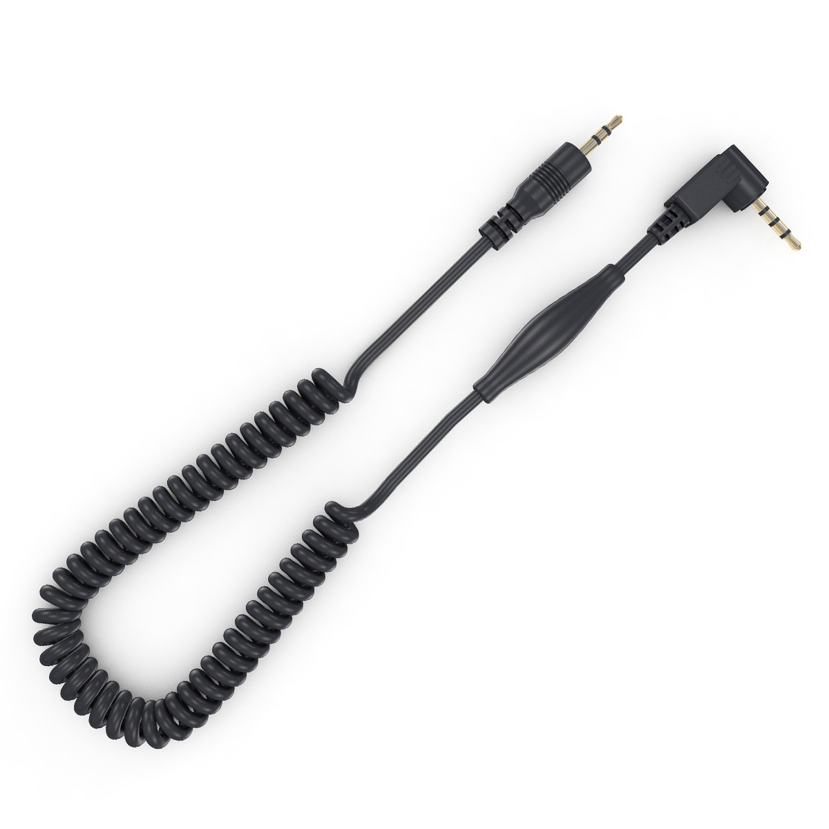 Schwarzes, gewendeltes Audiokabel mit goldfarbenen Steckern, auf weißem Hintergrund.