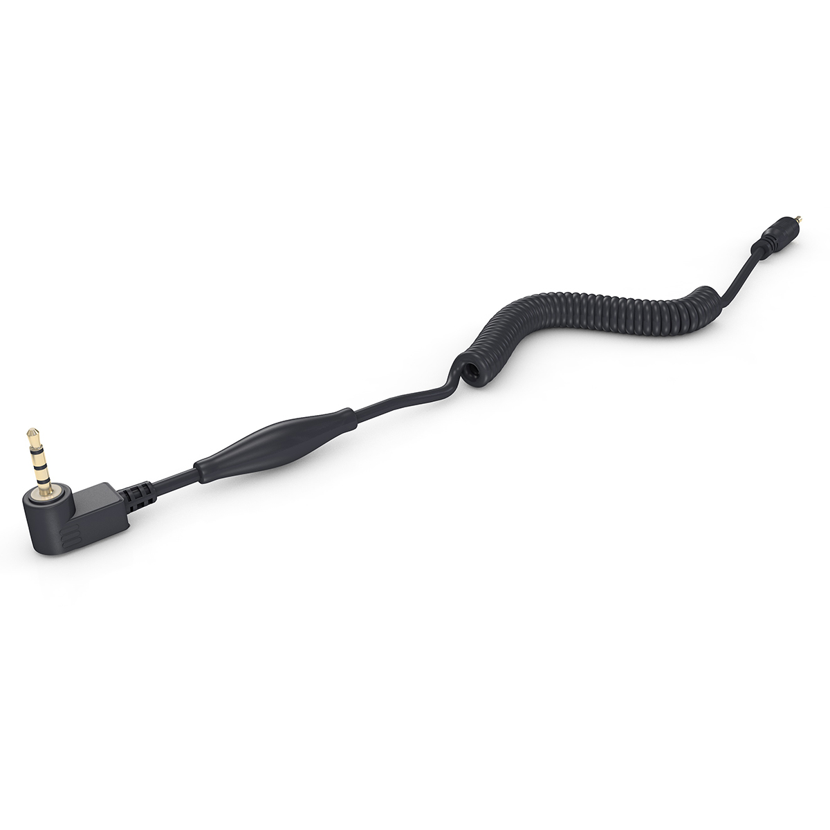 Schwarzes, gewendeltes Audiokabel mit goldfarbenem Stecker. Weißer Hintergrund.