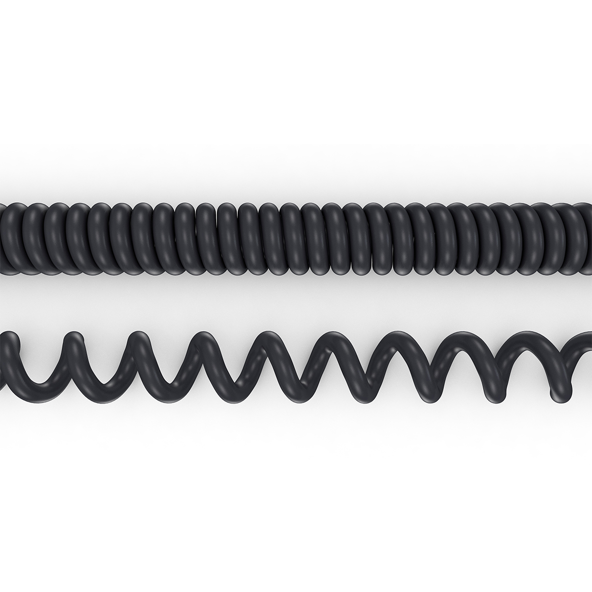 Zwei schwarze Spiralkabel, eines eng gewickelt, das andere welliger, vor weißem Hintergrund.