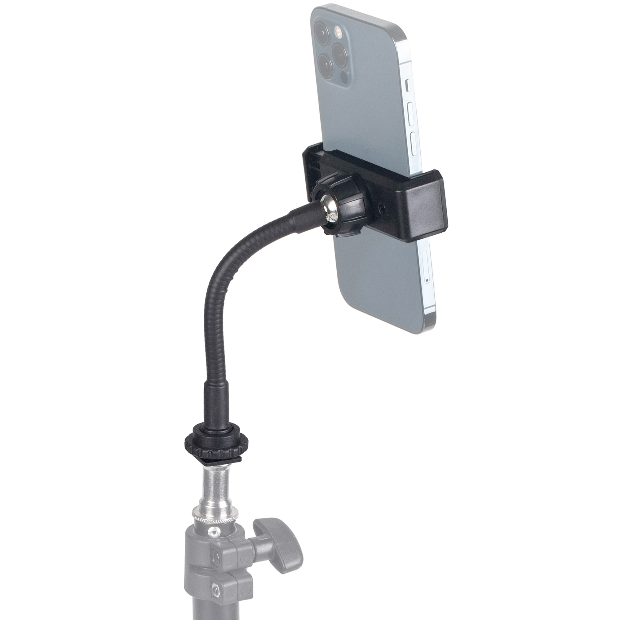 Ein Telefon, das an einem flexiblen schwarzen Arm befestigt ist, der an einem Ständer mit schwarzem Knopf befestigt ist.