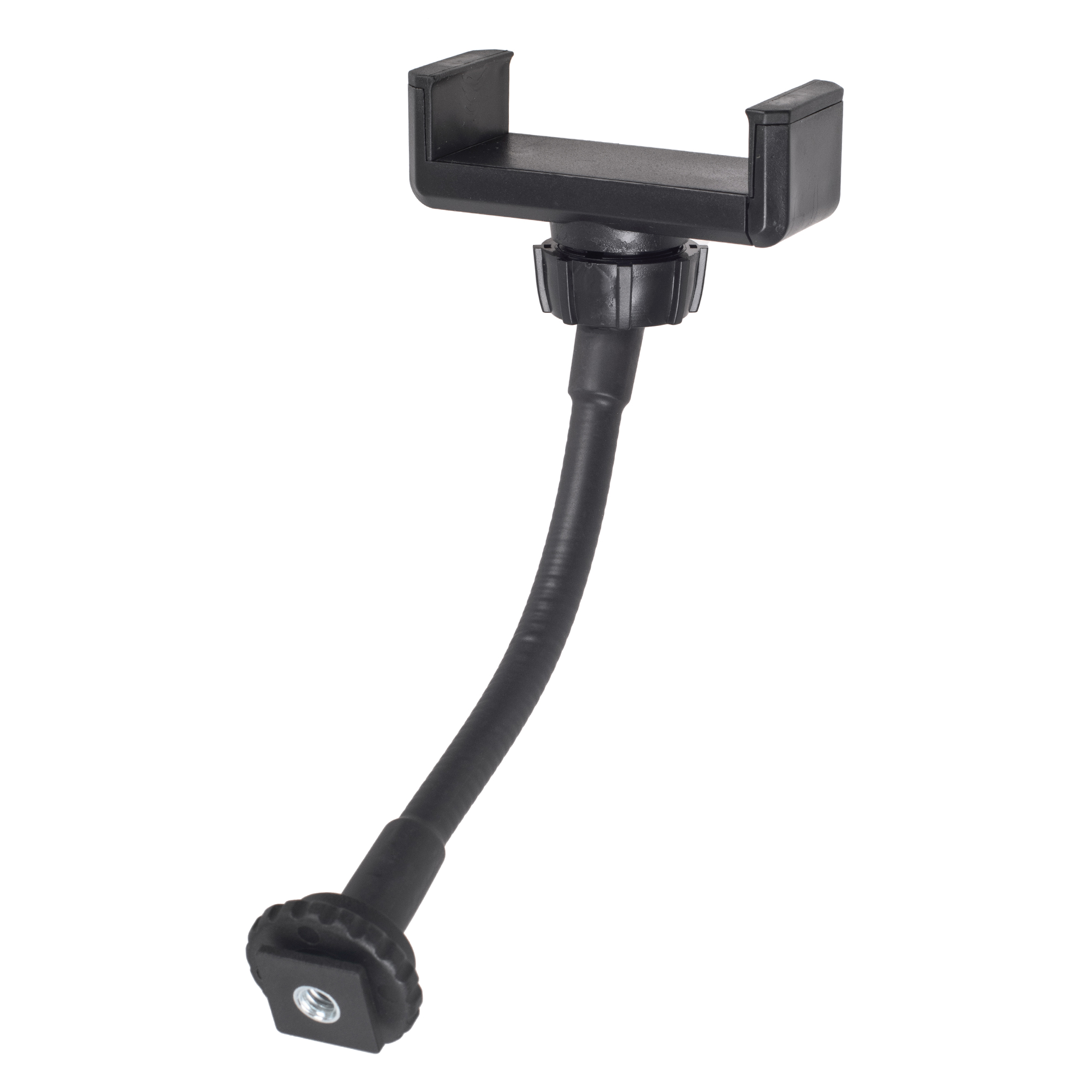 Schwarzer Telefonhalter mit flexiblem Arm und Schraubbefestigung.