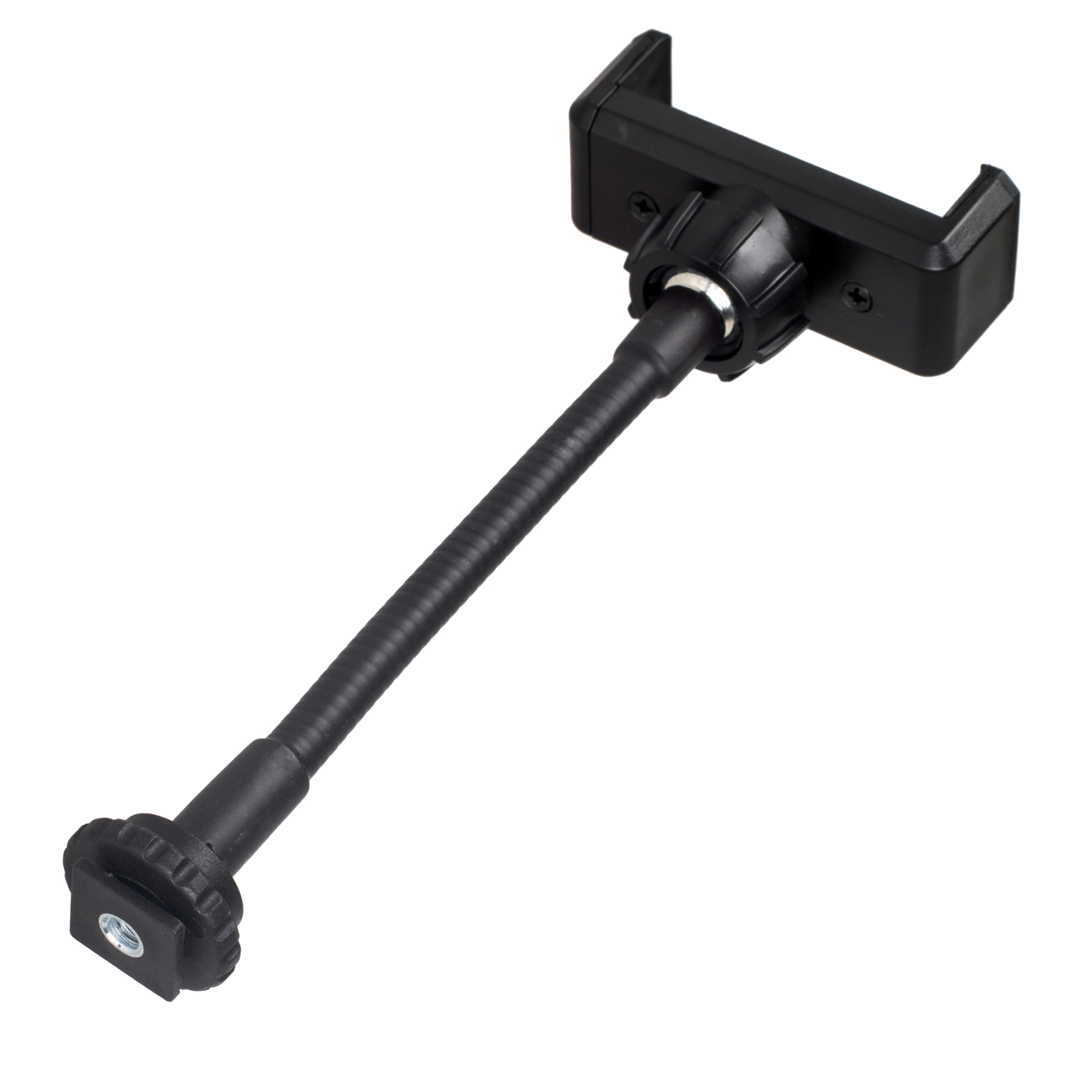 Ein schwarzer Telefonhalter mit flexiblem Arm und Schraubfuß, vor weißem Hintergrund.