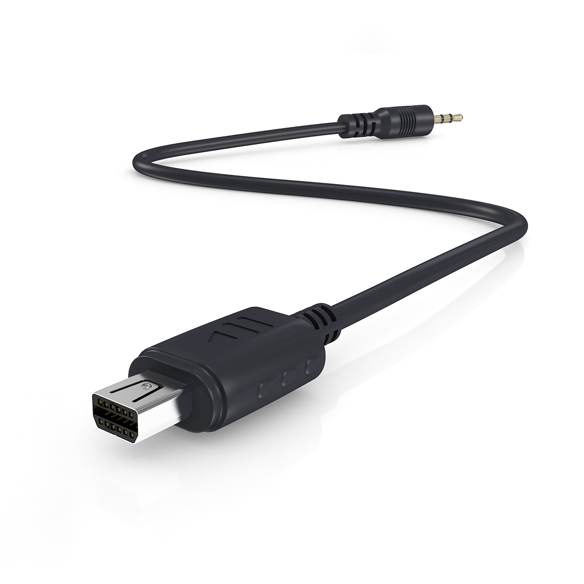 Schwarzes Kabel mit Mini-USB und 3,5-mm-Klinke, für Audio- und Videoverbindung.
