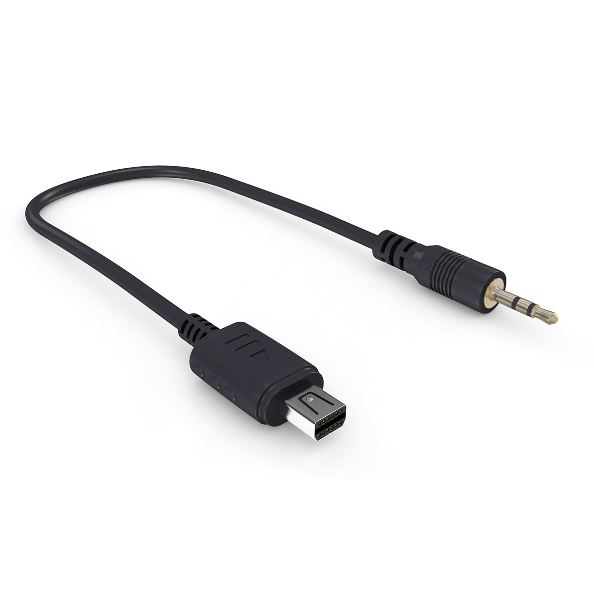 Schwarzes Kabel mit Micro-USB und 3,5-mm-Klinke, weißer Hintergrund.