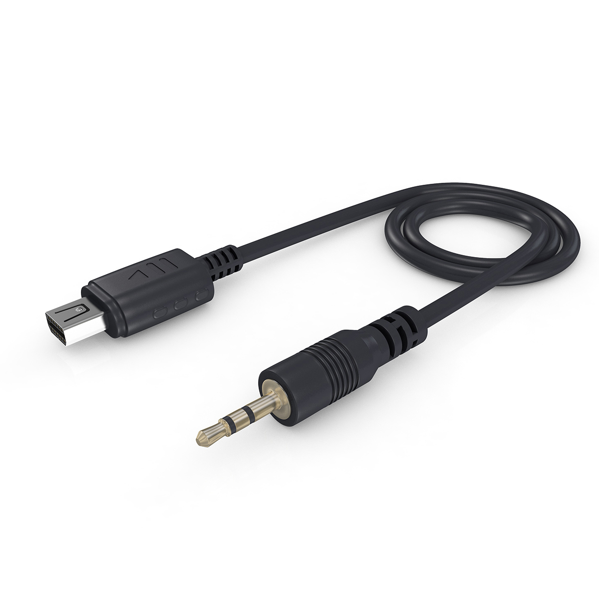 Schwarzes Audiokabel mit einem USB-C-Anschluss an einem Ende und einem 3,5-mm-Klinkenstecker am anderen.