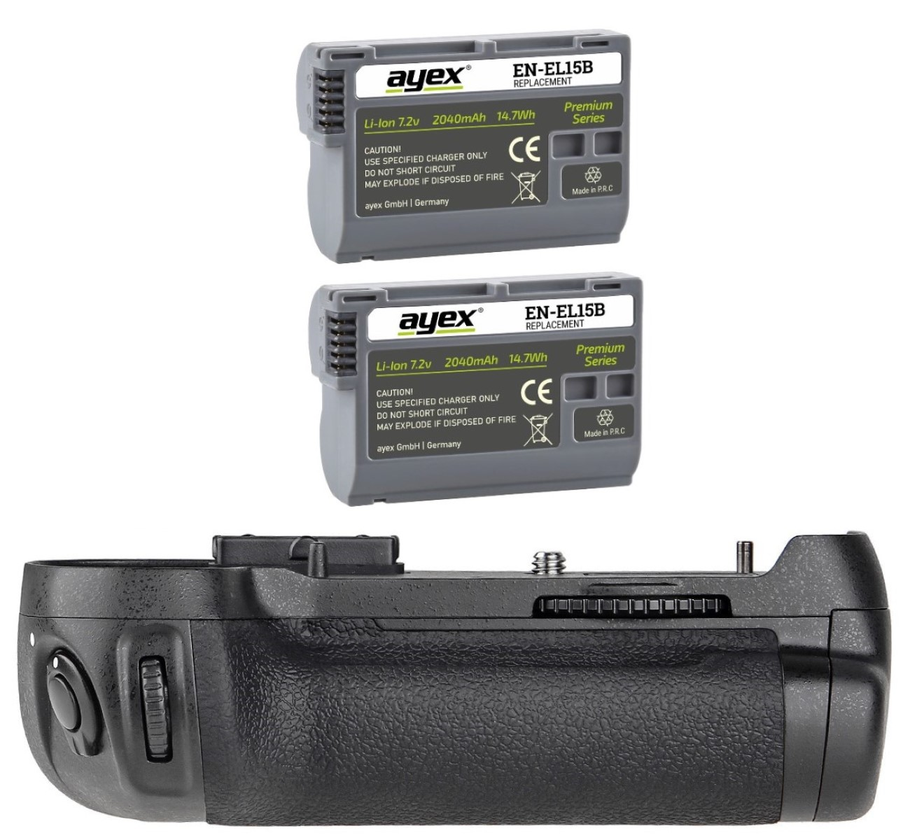 AYEX Batteriegriff 2x Batteriegriff EN-EL15B + D600 für Nikon MB-D14 Schwarz wie Set, D610 Akku, Set