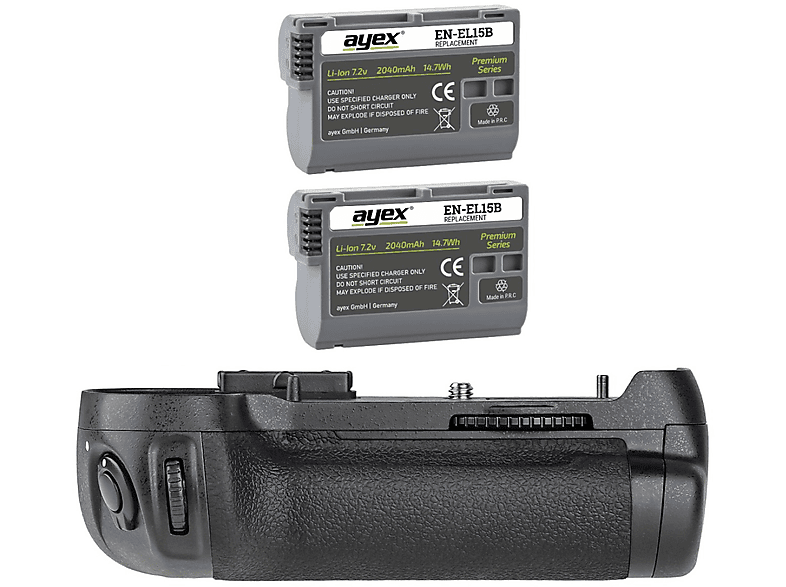 AYEX Batteriegriff Set für D610 + Batteriegriff wie D600 2x EN-EL15B Akku, Schwarz Set, MB-D14 Nikon