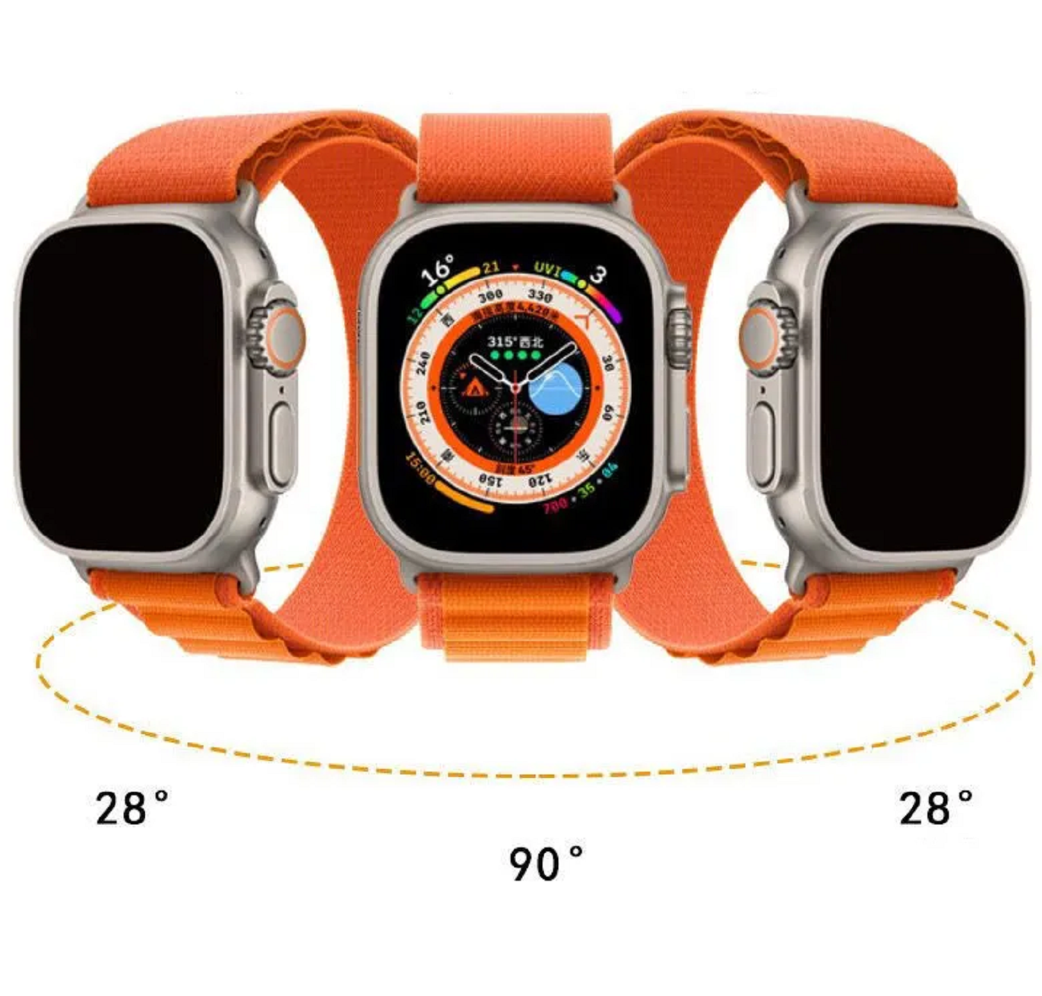 Drei Smartwatches nebeneinander. Sie haben orangefarbene Armbänder und zeigen Daten.