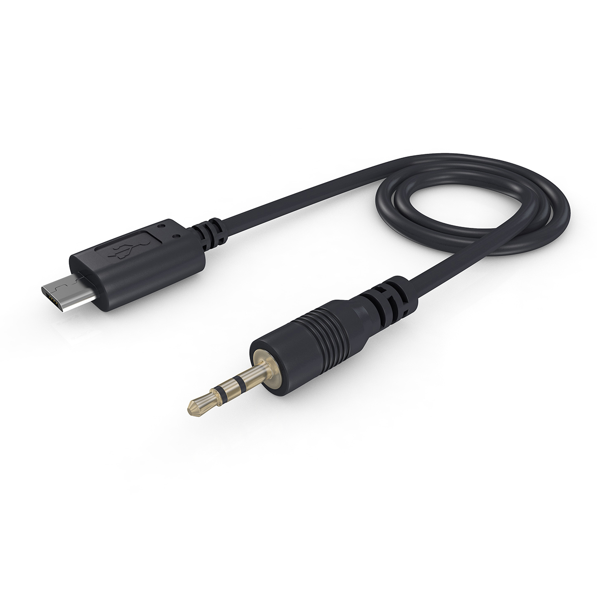Schwarzes USB-zu-3,5-mm-Kabel. Ein Ende ist USB, das andere ein 3,5-mm-Klinkenstecker.