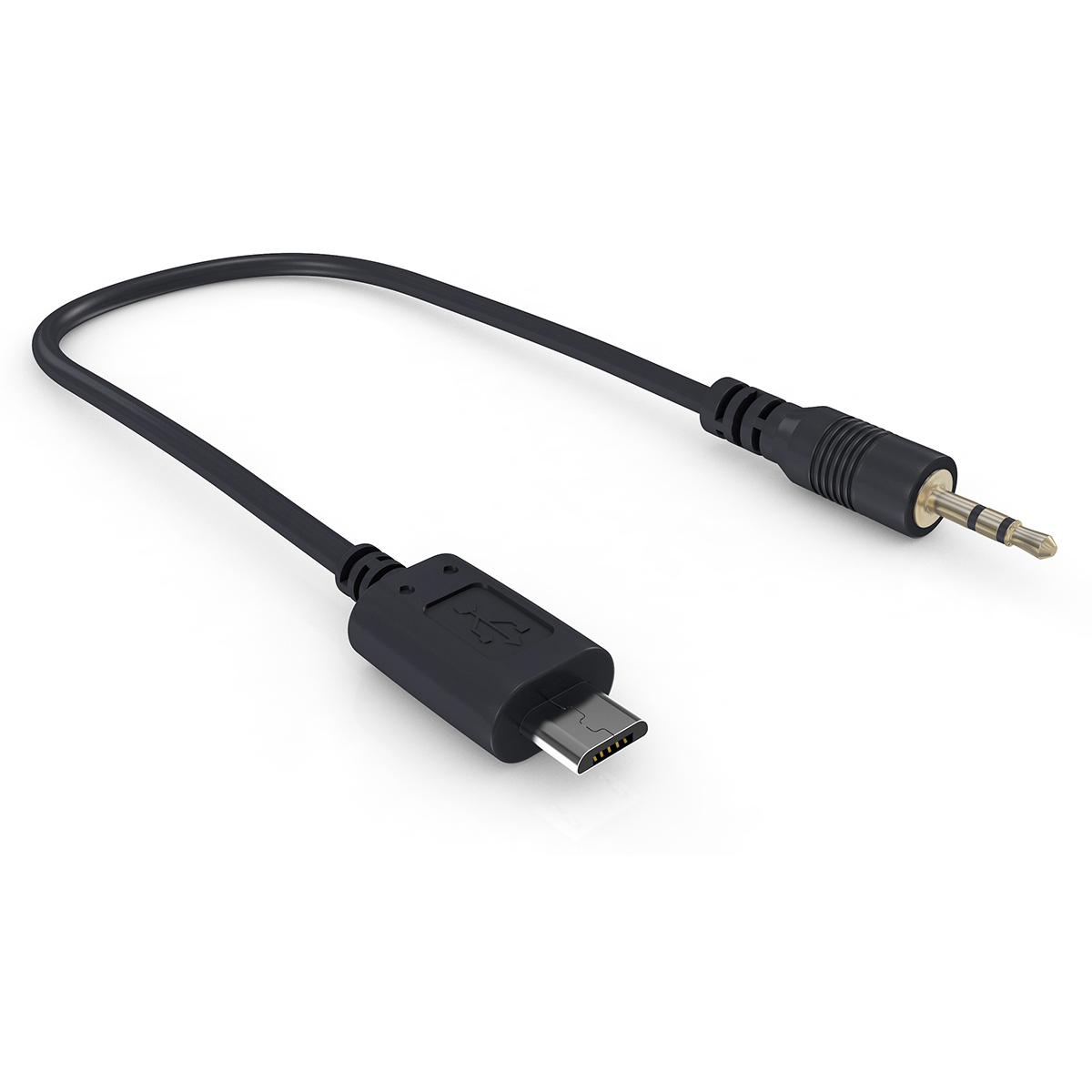 Schwarzes USB-C-zu-3,5-mm-Audio-Adapterkabel auf weißem Hintergrund.