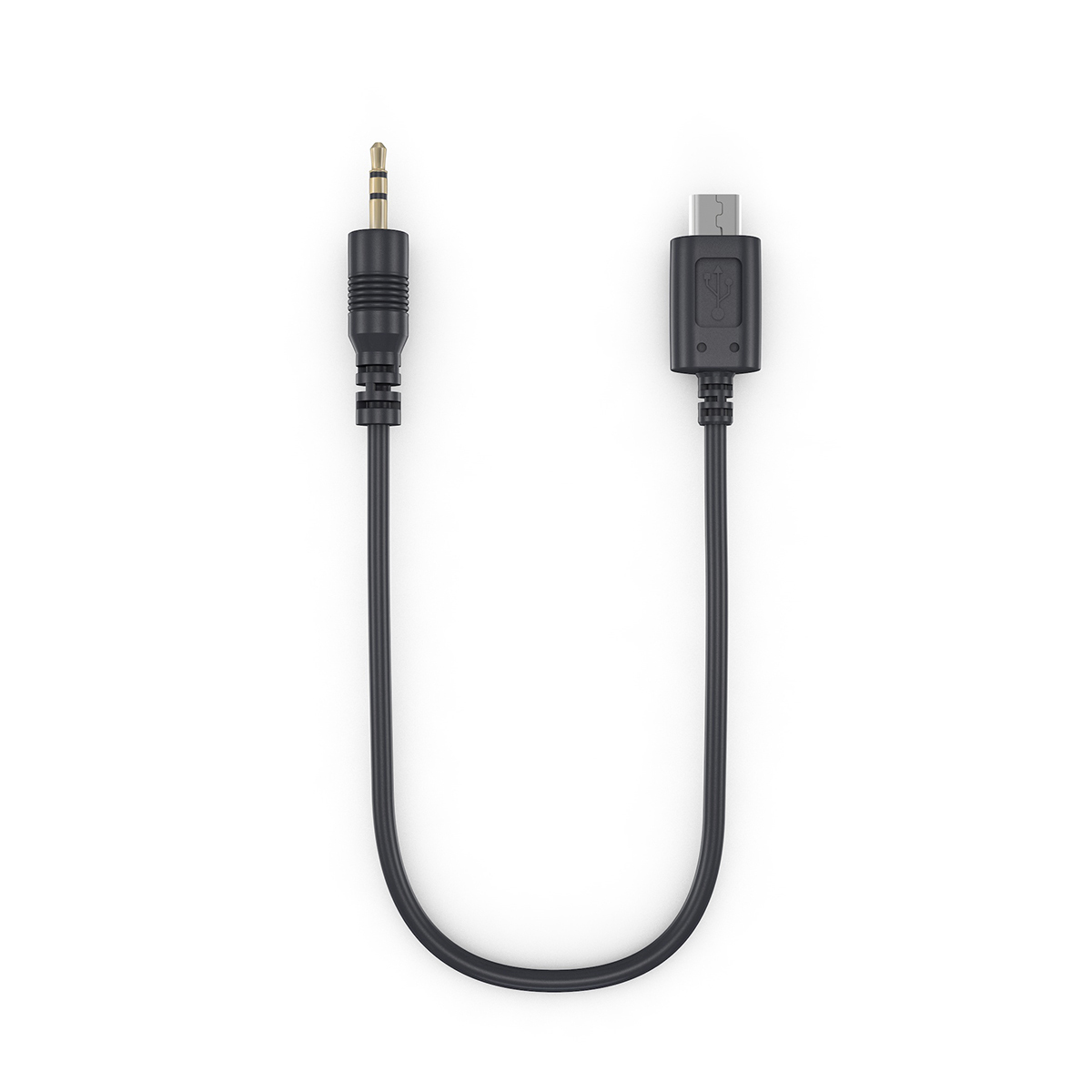 Schwarzes Audiokabel mit 3,5-mm-Klinke und Micro-USB-Anschluss.