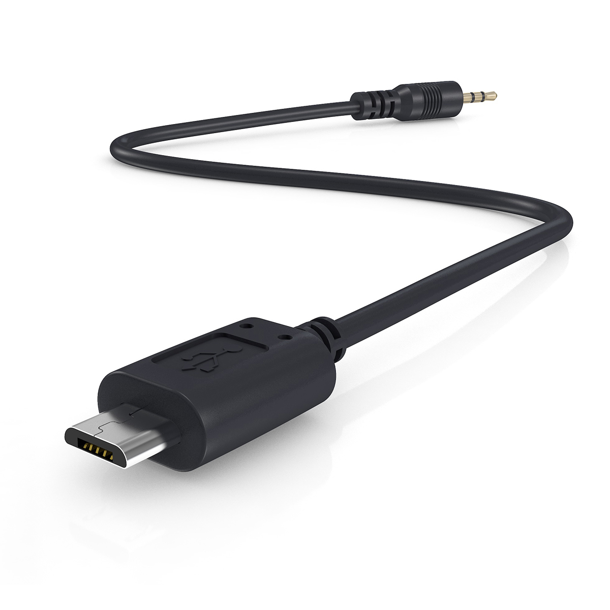 Schwarzes Kabel mit einem USB-C-Anschluss an einem Ende und einer 3,5-mm-Buchse am anderen. Weißer Hintergrund.