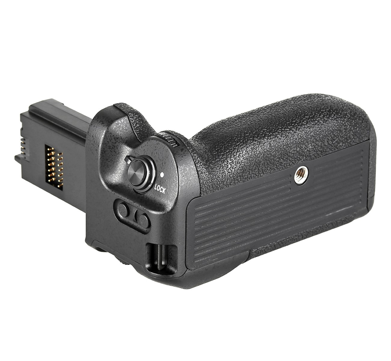 Schwarzer Kameragriff mit Knopf, Verriegelung und Anschluss für eine DSLR-Kamera.