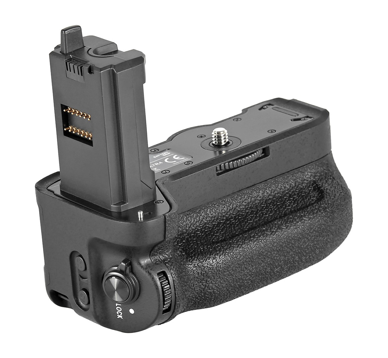 Schwarzer Kamera-Batteriegriff mit Bedienelementen und Befestigungsschraube. Batteriefach offen.
