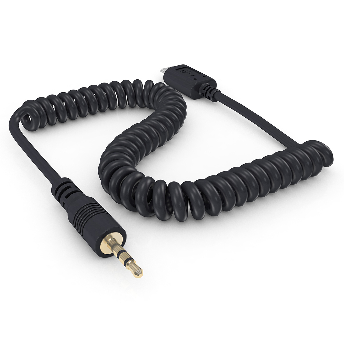 Schwarzes Spiralaudiokabel mit 3,5-mm-Klinke und USB-C-Anschluss.