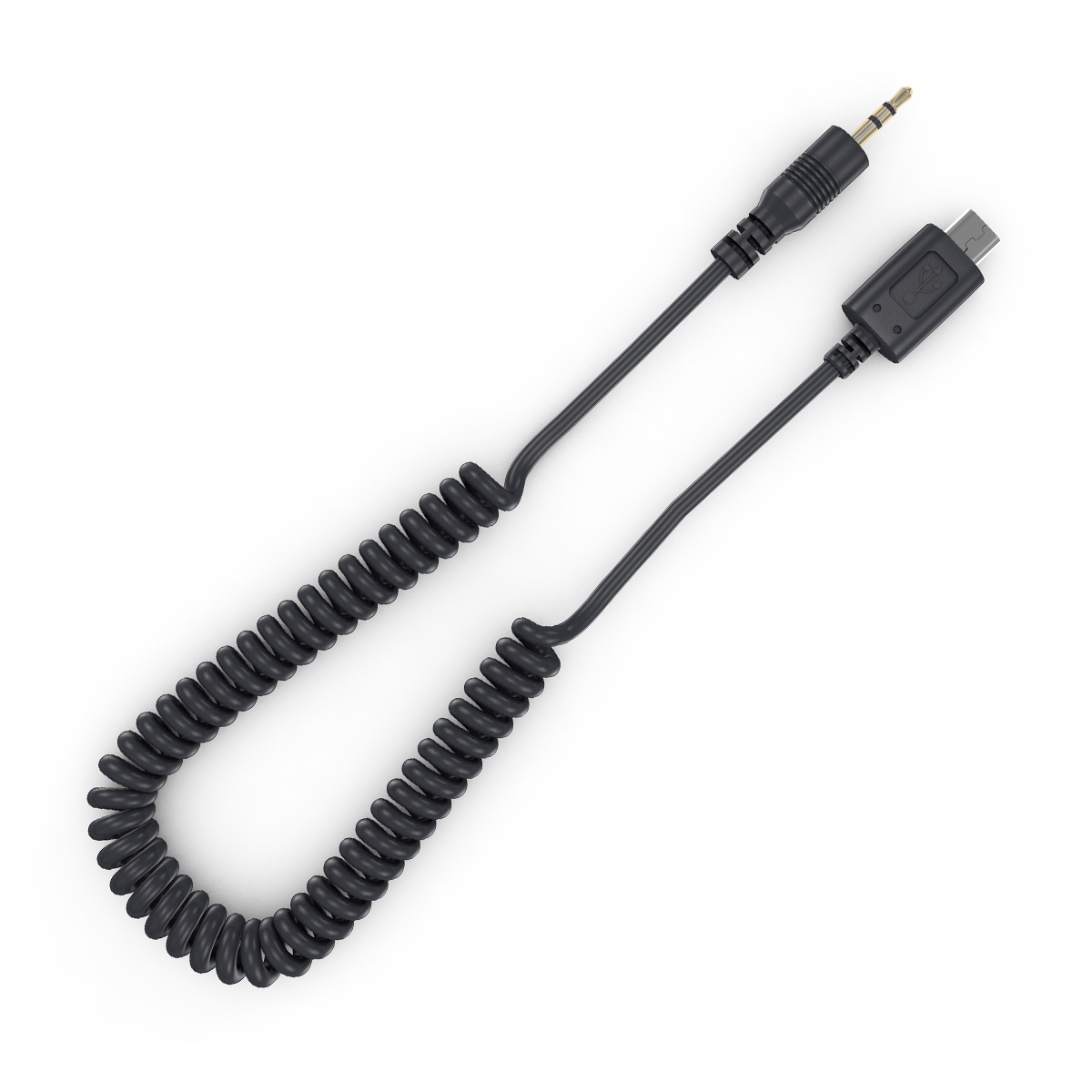 Schwarzes Spiralkabel mit 3,5-mm-Klinke und Micro-USB-Anschluss, weißer Hintergrund.
