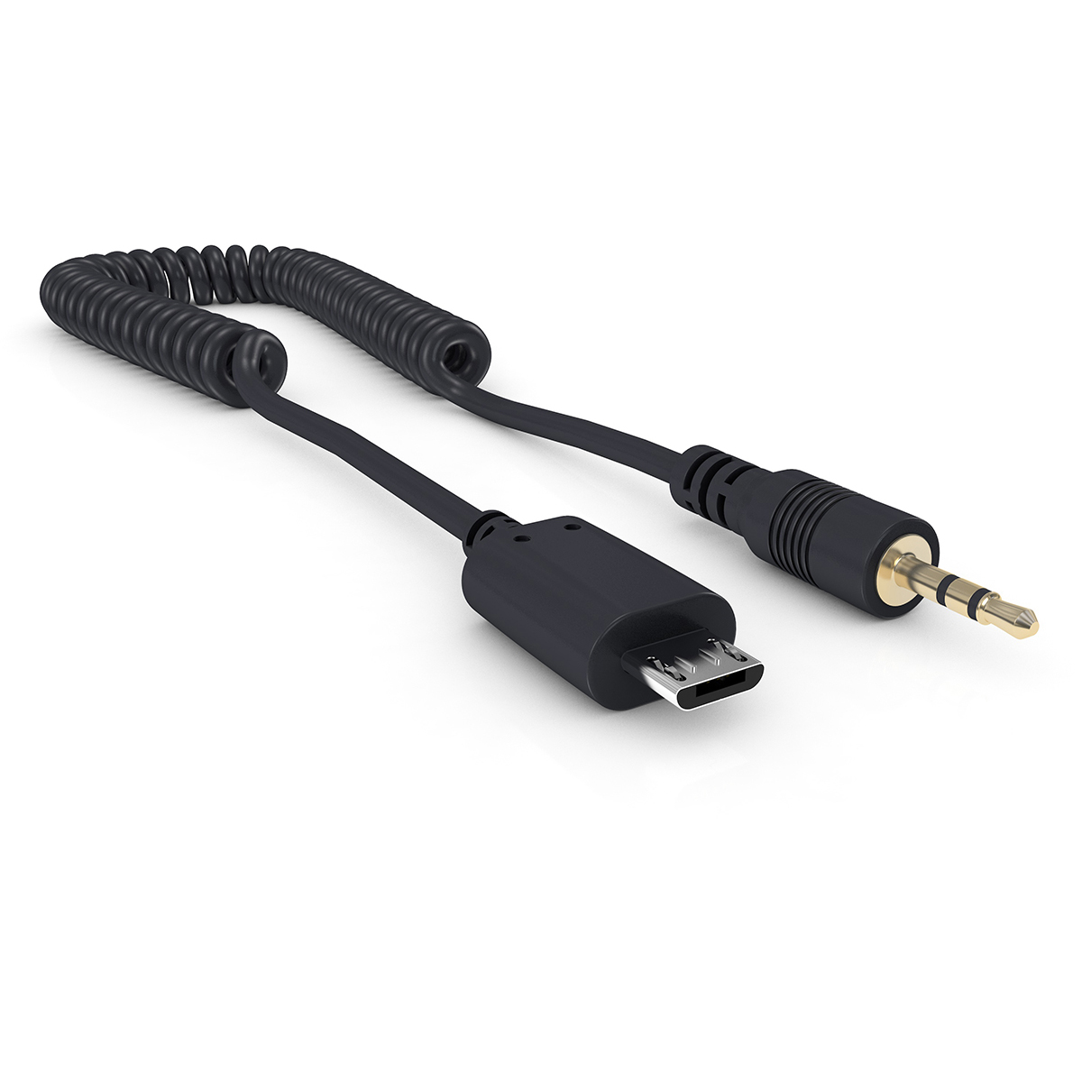 Schwarzes Spiralkabel mit Micro-USB- und 3,5-mm-Klinkenstecker auf weißem Grund.