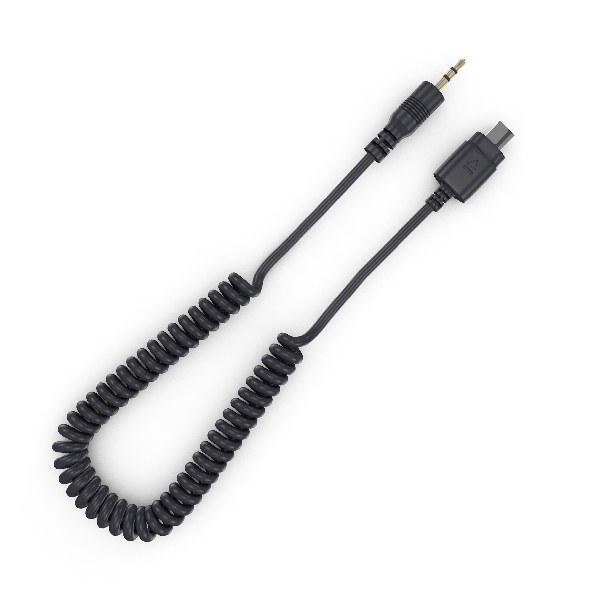 Schwarzes Spiralkabel mit USB-C- und 3,5-mm-Anschluss.