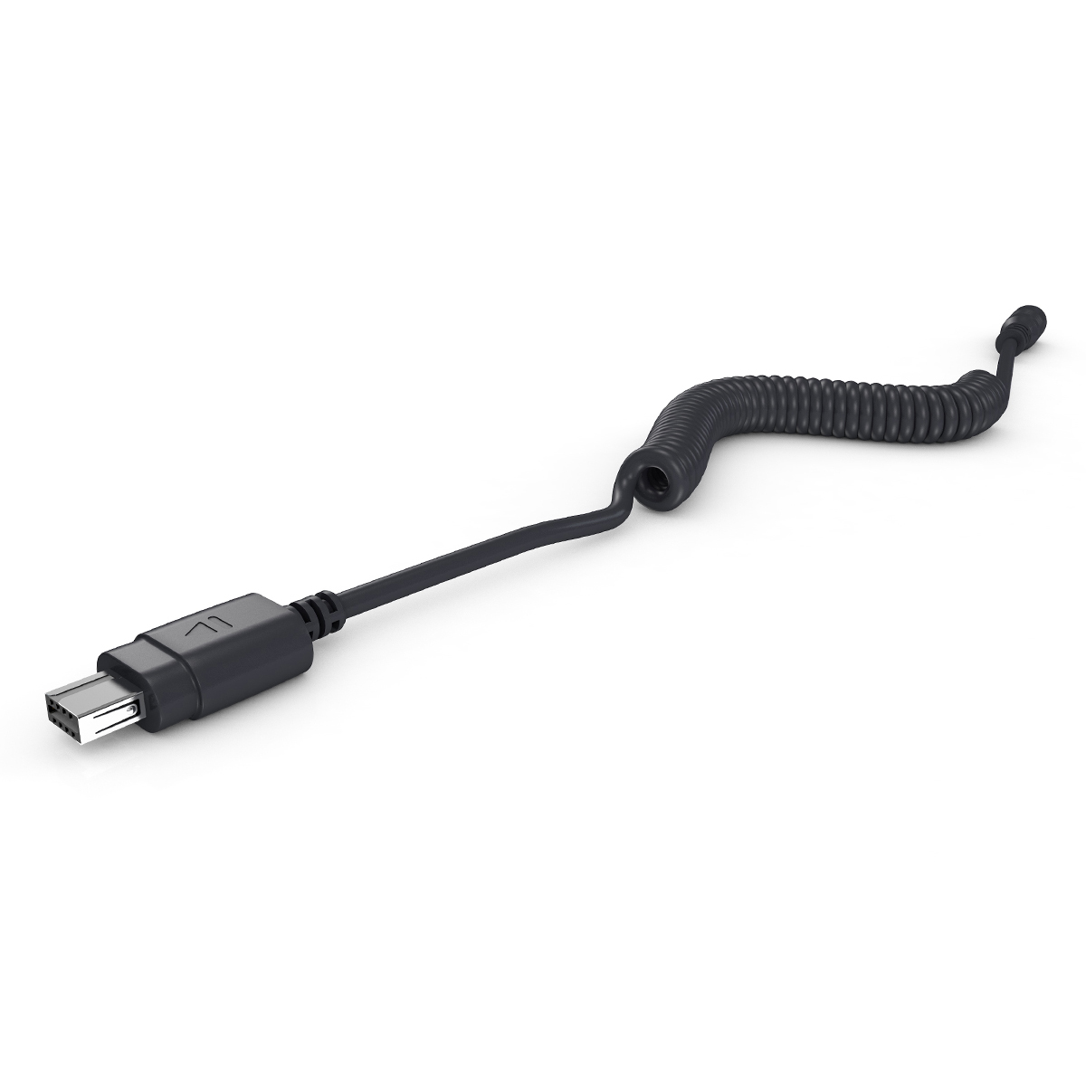 Schwarzes Spiralkabel mit USB-Anschluss. Weißer Hintergrund. Isoliertes Kabel. USB-Steckertyp.