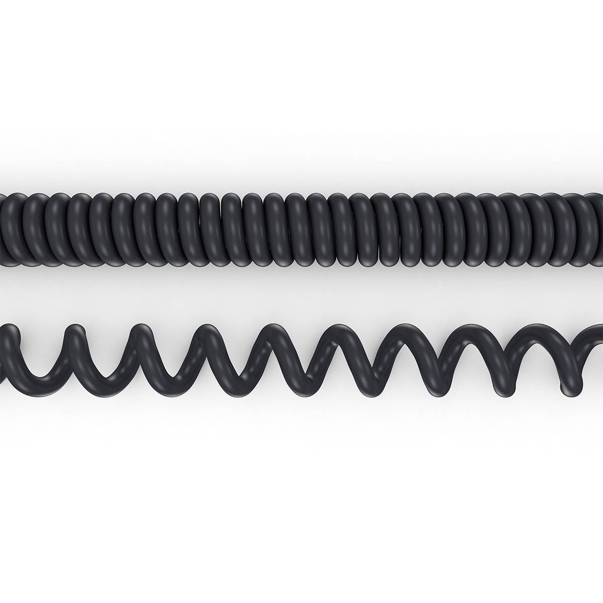 Zwei schwarze Spiralkabel, eines eng gewickelt, eines locker und wellig, auf weißem Hintergrund.