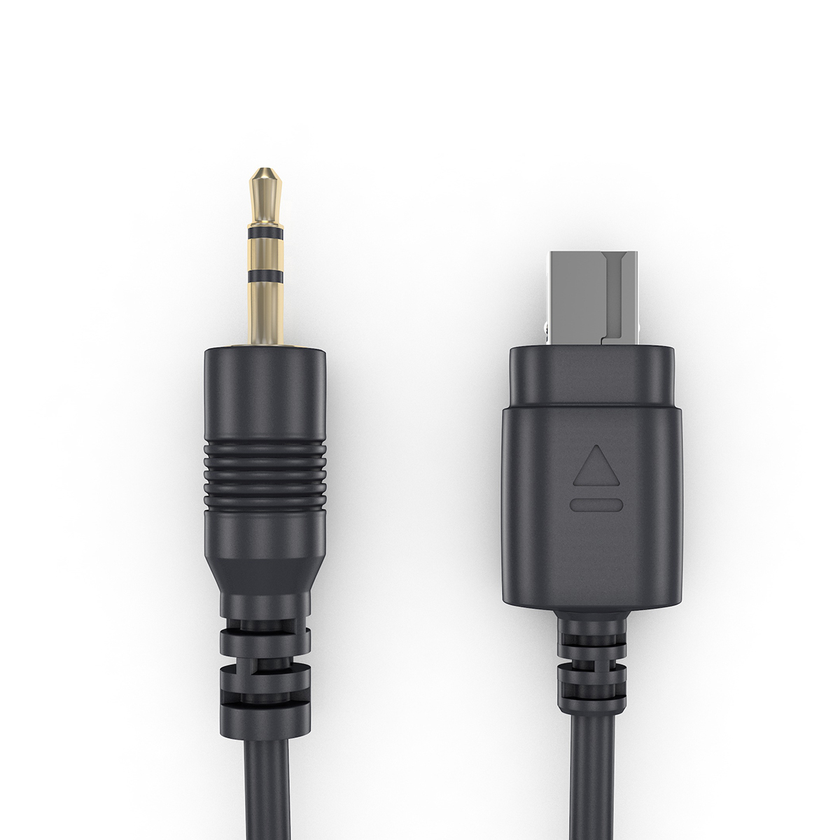 Schwarzes und goldenes Audiokabel mit 3,5-mm-Klinke und USB-C-Anschluss. Weißer Hintergrund.