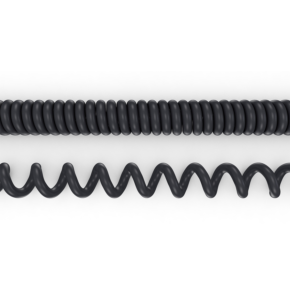 Zwei schwarze Spiralkabel. Eines eng gewickelt, das andere mit offeneren Windungen.