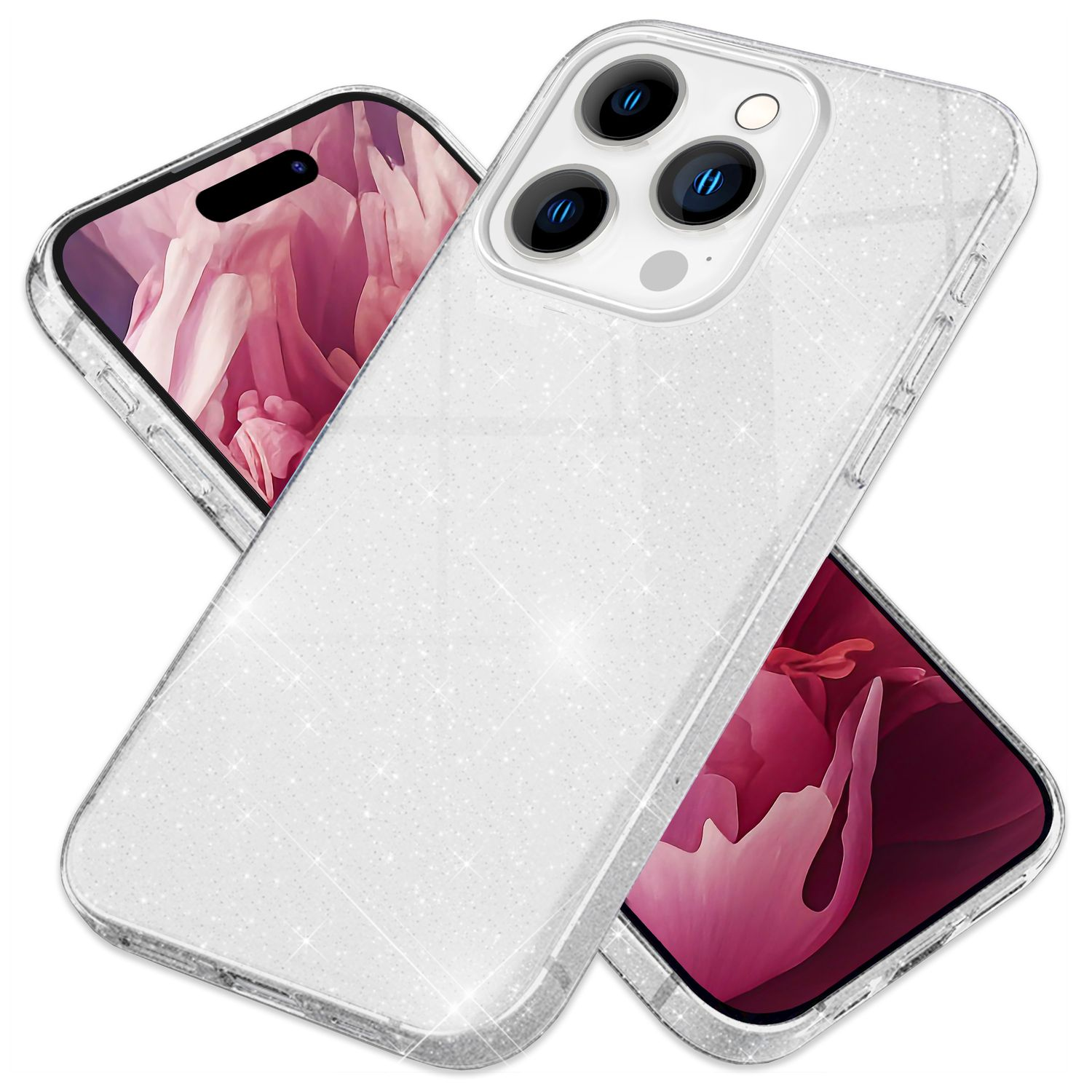Transparente, glitzernde Handyhülle über einem Telefon. Die Hülle ist transparent mit Glitzer. Das Telefon ist sichtbar.