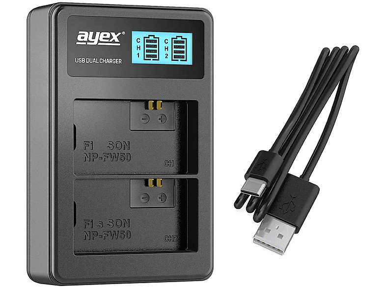 AYEX Batteriegriff Set A7II 2x 1x Alpha Akku A7SII A7RII USB Dual Ladegerät, + Set, NP-FW50 Batteriegriff für Schwarz Sony 