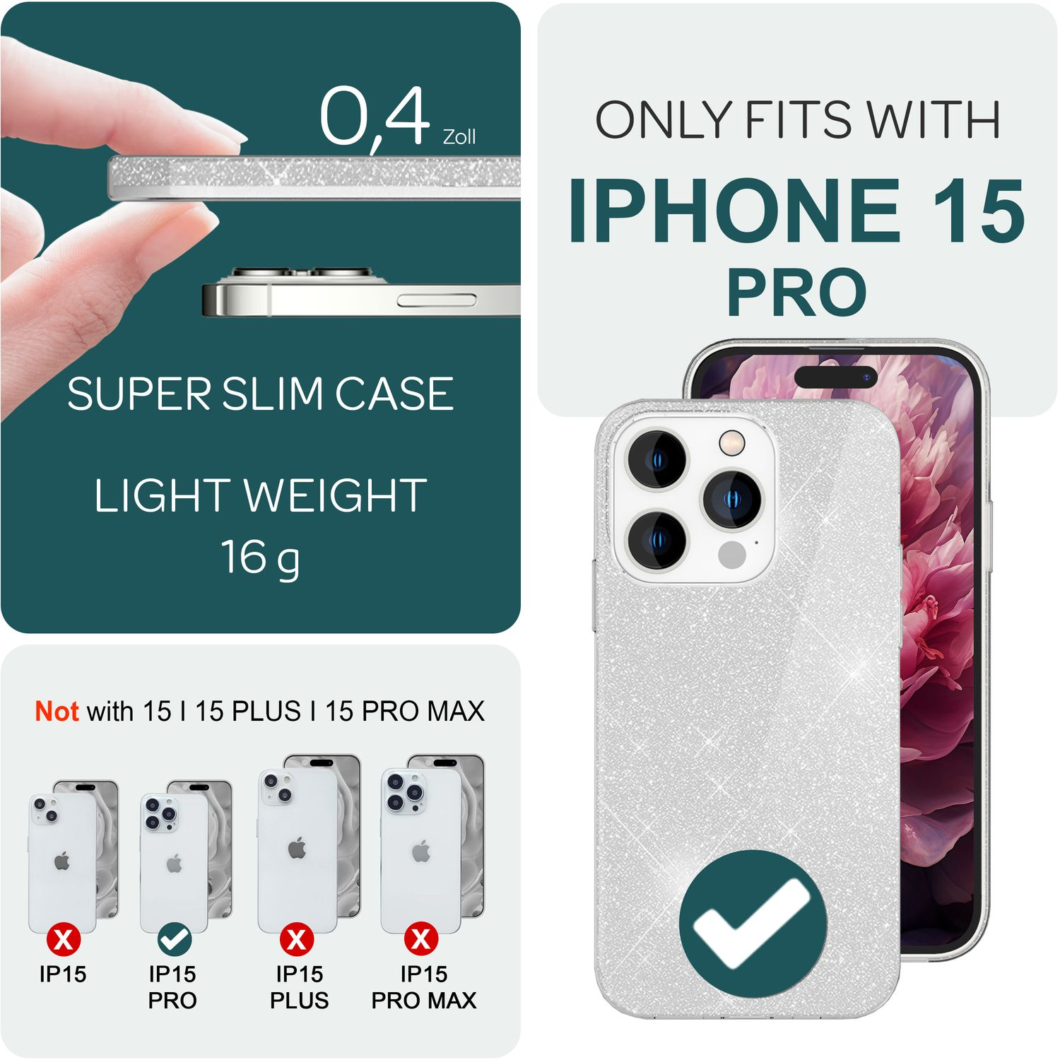 Funda para iPhone 15 Pro. Muestra un teléfono con funda y una comparación de modelos.