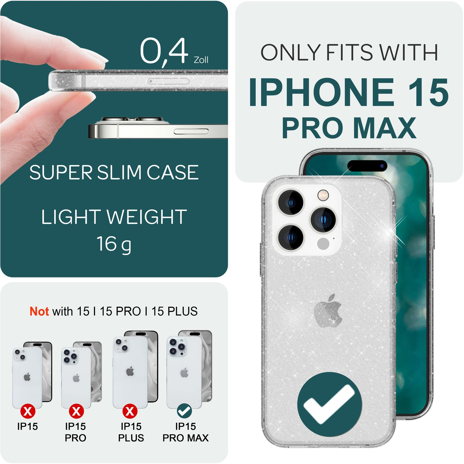 Coque de téléphone pour iPhone 15 Pro Max, montrant un étui et un téléphone, avec des étiquettes de texte.