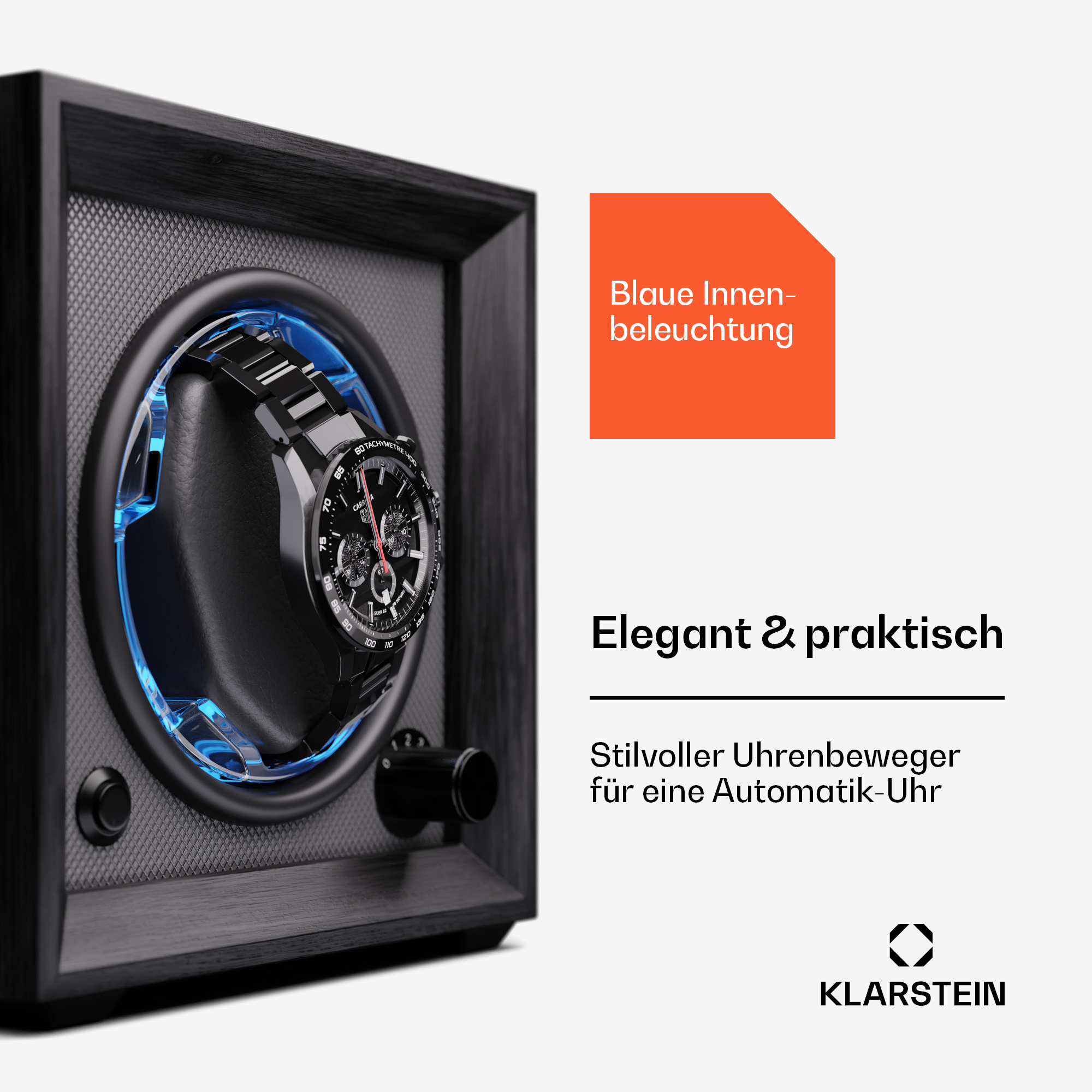 Ein schwarzer Uhrenbeweger mit einer Uhr auf einem schwarzen Kissen, blauem Innenlicht und dem Klarstein-Logo.