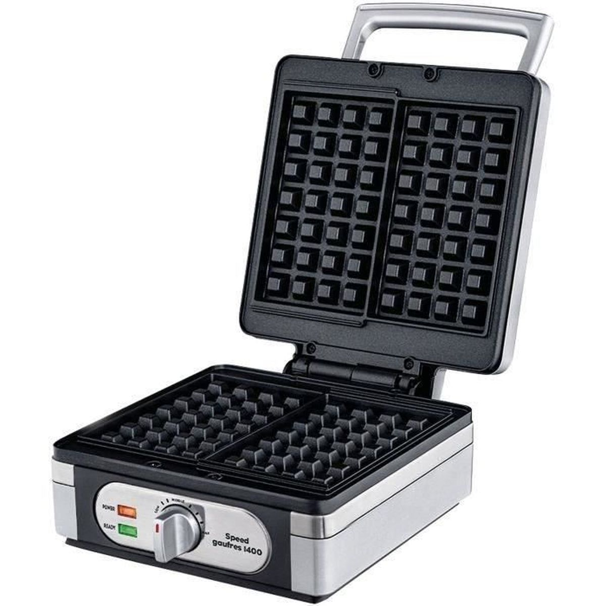 Waffle maker, nero e argento. Aperto, rivela le griglie. Ha una manopola della temperatura e spie.