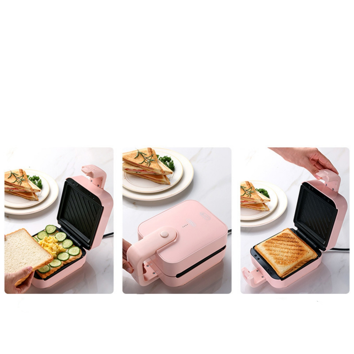 Ein rosa Sandwichmaker, Brot und Füllungen werden zusammengestellt und getoastet. Weißer Hintergrund.