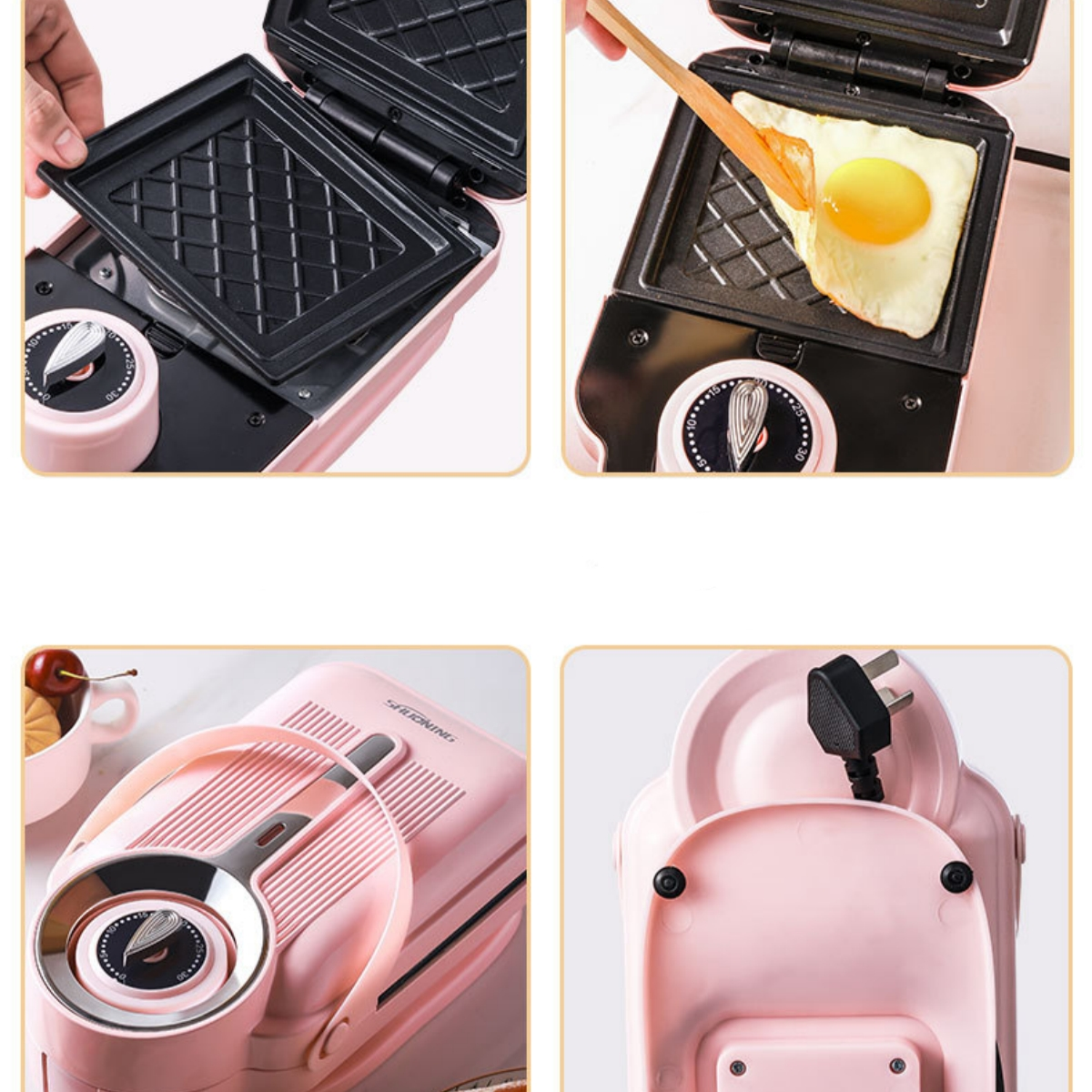 Rosa Sandwichmaker. Bilder, die die Herstellung eines Sandwiches zeigen.