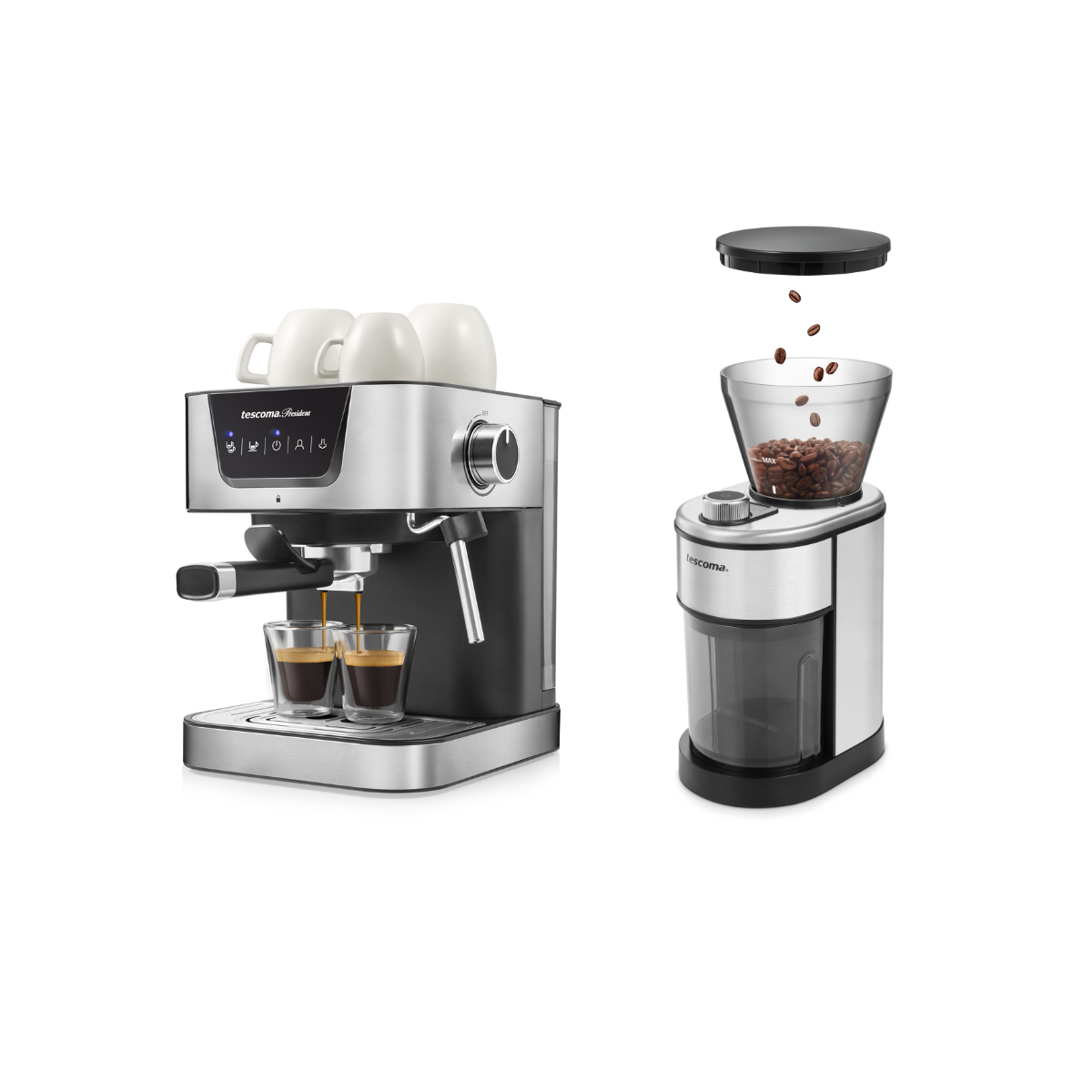 TESCOMA PRESIDENT - Set Elektrische und Silber Espressomaschine Kaffeemühle