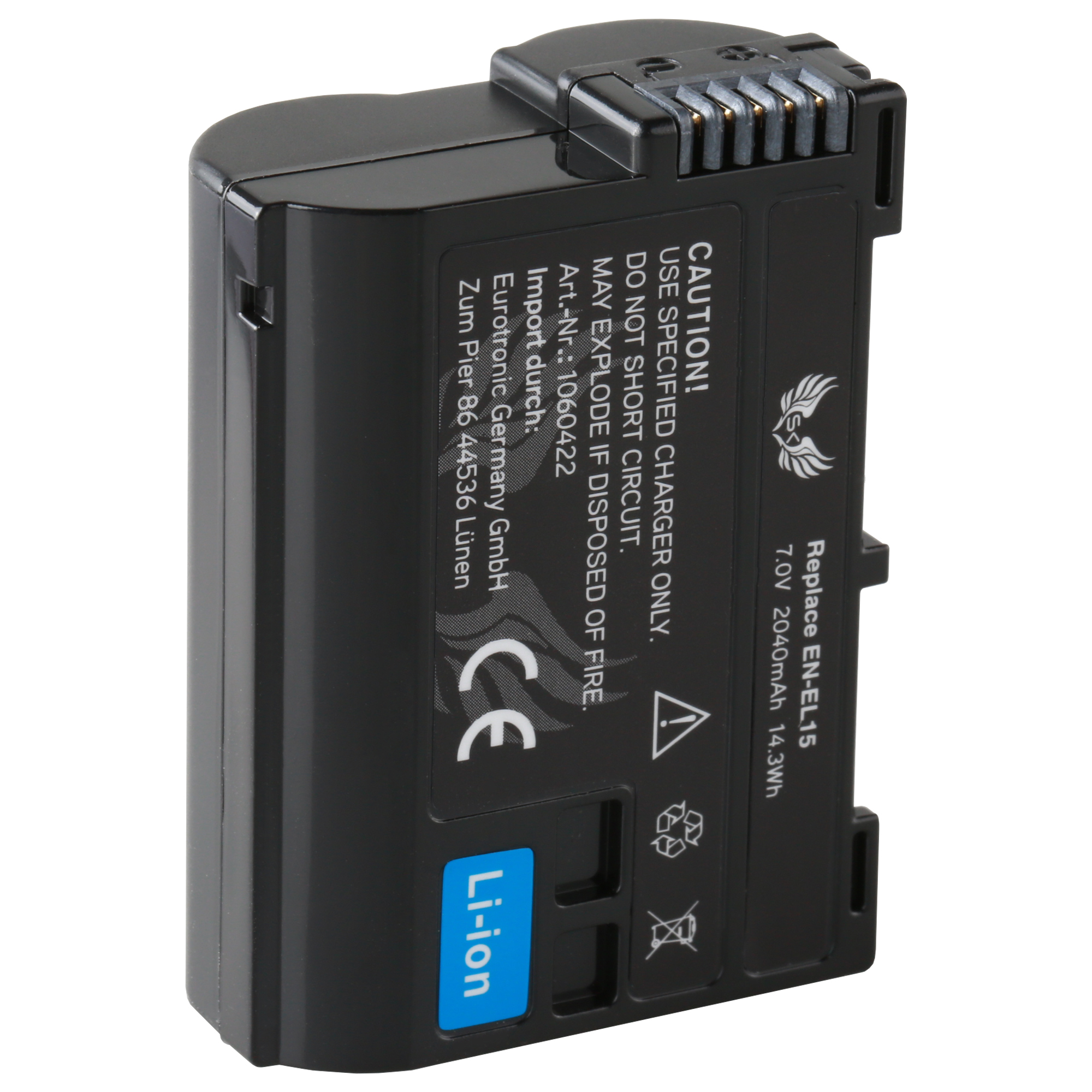 Eine schwarze und blaue Kamera-Batterie mit Warnhinweisen und Informationen aufgedruckt. Weißer Hintergrund.
