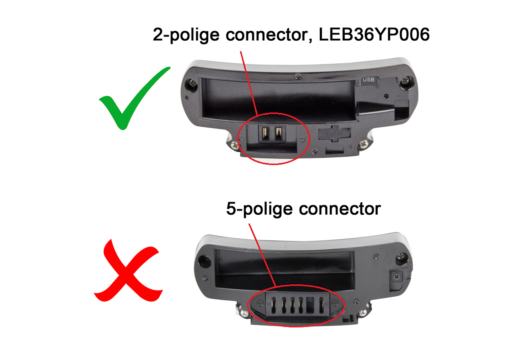 Zwei schwarze Kunststoffgeräte. Das obere hat einen 2-Pin-Anschluss, das untere einen 5-Pin-Anschluss.