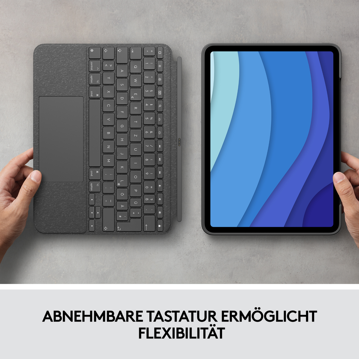 Tablet con tastiera, custodia grigia. Mani che tengono il dispositivo. Testo: Tastiera rimovibile.