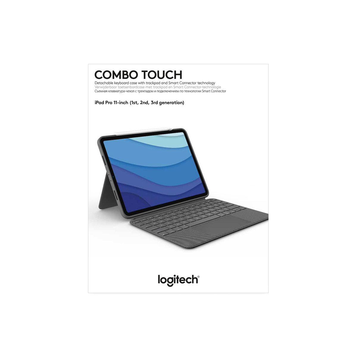 Custodia con tastiera per iPad con tablet all'interno e logo Logitech, sfondo bianco.