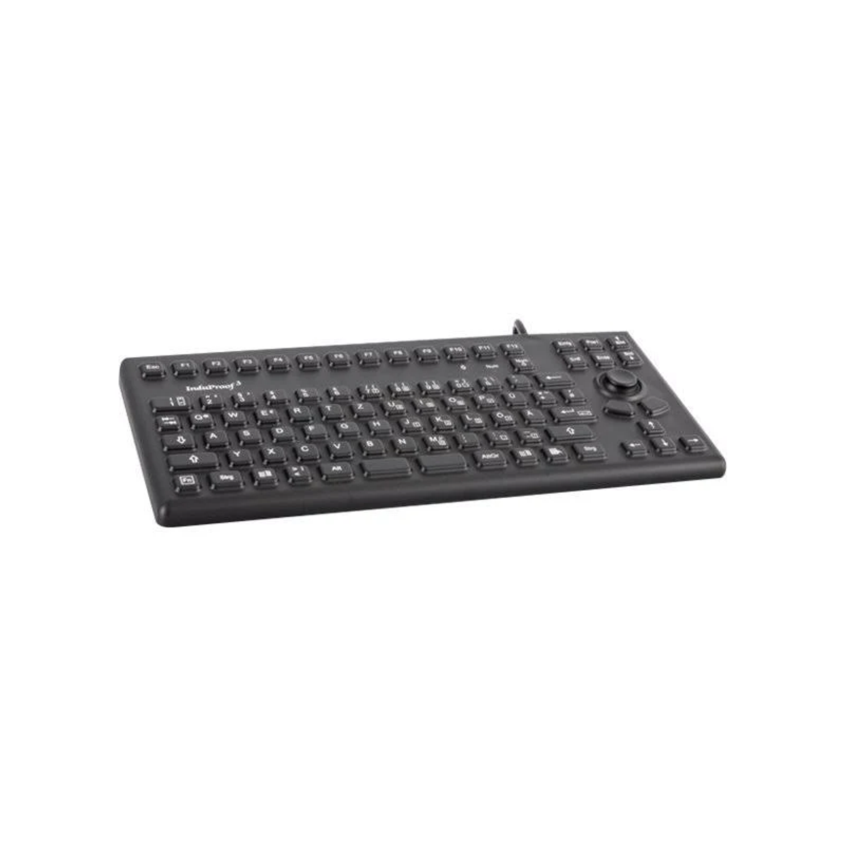 Schwarze Tastatur auf weißem Hintergrund. Tasten sind sichtbar. Draufsicht. Produktaufnahme.