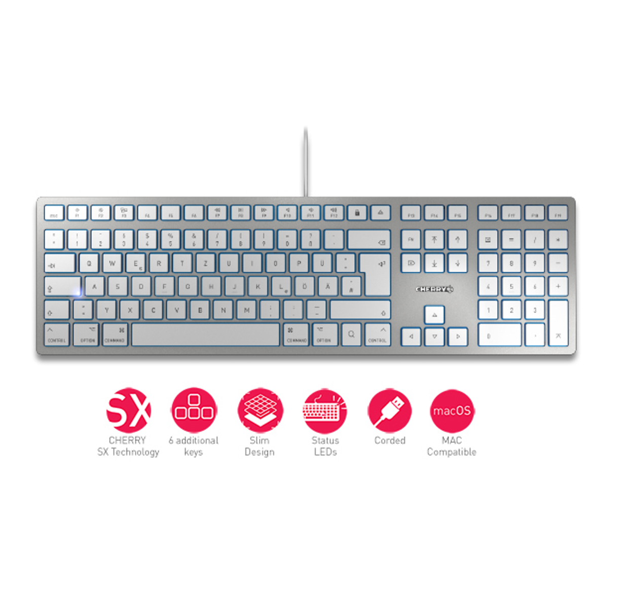 Silberne Tastatur mit weißen Tasten. CHERRY SX Technologie, 6 zusätzliche Tasten, Slim Design, kabelgebunden.