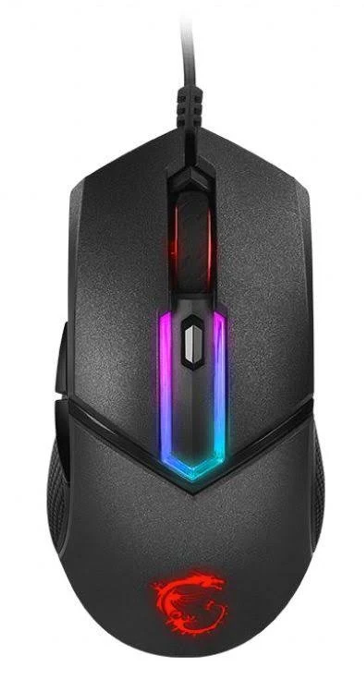 Mouse gaming MSI nero con illuminazione RGB e logo. Sfondo bianco.